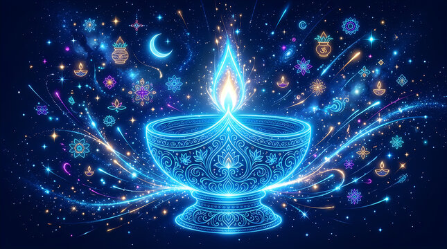 Abstract glowing diwali diya lamp with digital light sparkles and cosmic art