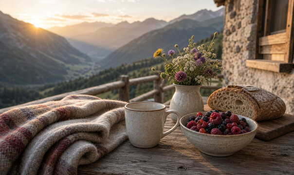 Alpine guesthouse breakfast with wild berries and mountain view