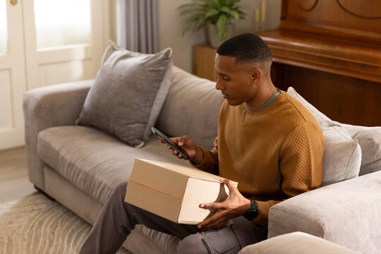 Adult African American man sitting on right gray sofa holding parcel using smartphone, copy space