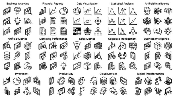 Business analytics and finance icons for data visualization and artificial intelligence