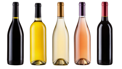 Isolated elegant collection of five wine bottles displaying red, white, and rosé with colorful caps