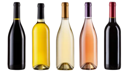 Fotobehang Bar Isolated elegant collection of five wine bottles displaying red, white, and rosé with colorful caps  © Cian
