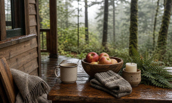 Forest cabin porch with apples wool and misty trees