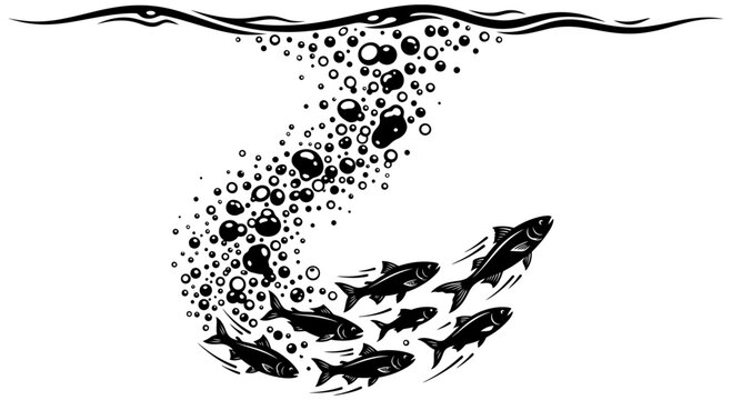 School of fish rising with bubbles black and white vector illustration