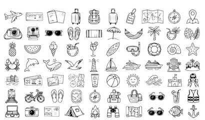 Fototapeta premium Summer vacation travel icons and symbols for planning and adventure