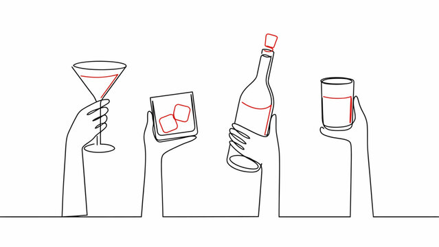 Hands holding wine and cocktail glasses and bottle on white background