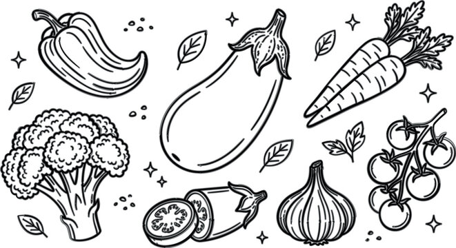 Minimalist vegetable outline vector graphic elements with elegant line art garden food icons for healthy recipe menu design