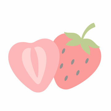 Strawberry and cut strawberry with green leaves and seeds on white background