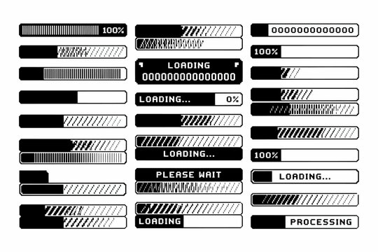Various loading and processing progress bars and indicators on white background