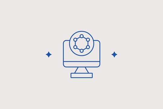 Desktop computer monitor displaying chemical molecular structure line icon for laboratory software. Professional vector illustration for biochemistry research center, tech startup website, science blo