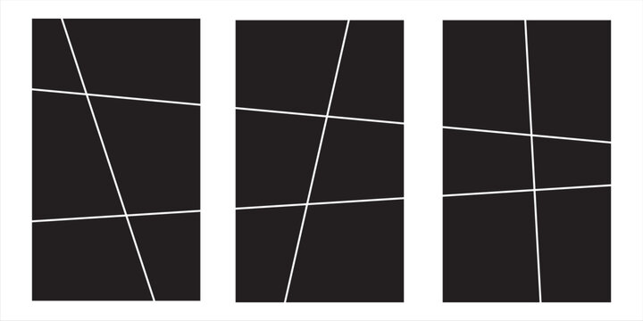 Abstract geometric triptych photo collage template with white frames on black background