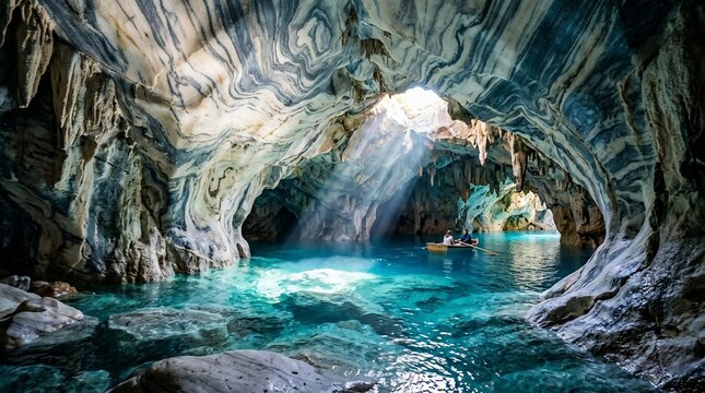 People rowing a boat inside the marble caves of Patagonia