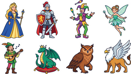 Fototapeta premium Fantasy Characters and Mythical Creatures Collection with Princess Knight Fairy and Dragon Vector Set