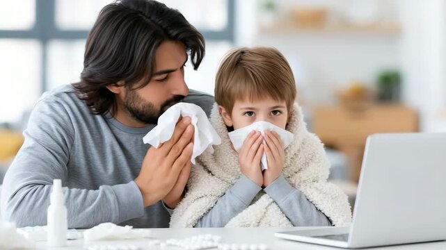 Static shot of father and child blowing noses at home table with laptop tissues and medicine