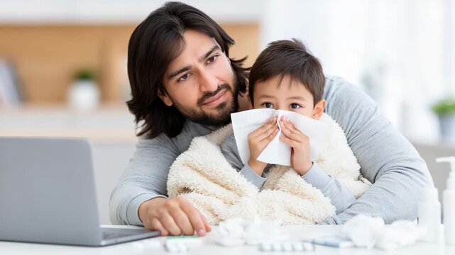 Static close slow motion shot of father comforting sick toddler using tissue at home workspace table