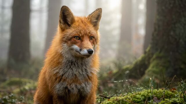Red fox sitting in a misty forest looking around. Wild animal in its natural habitat during autumn. Wildlife observation concept in foggy woodland at dawn.