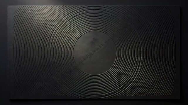 Abstract black surface with rippling circular grooves. Texture of concentric rings expanding from a center point. Minimalist background for artistic composition.