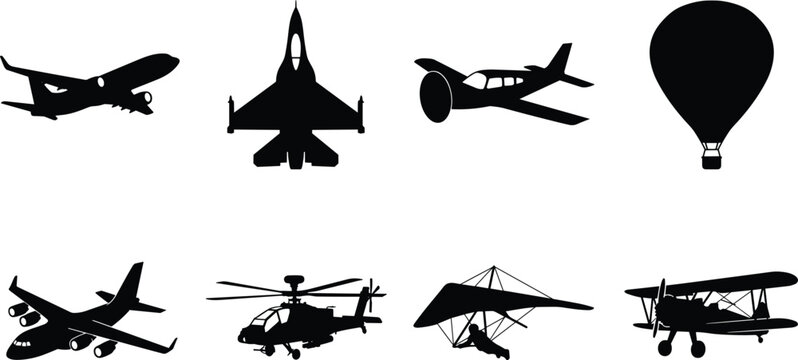 Silhouette icons of aircraft and aerial vehicles including airplanes, helicopter, hot air balloon, and hang glider
