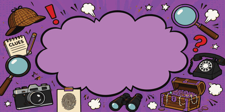 Comic book style spy detective banner template with large purple text bubble, fingerprint, magnifying glass, camera and mystery elements vector illustration.