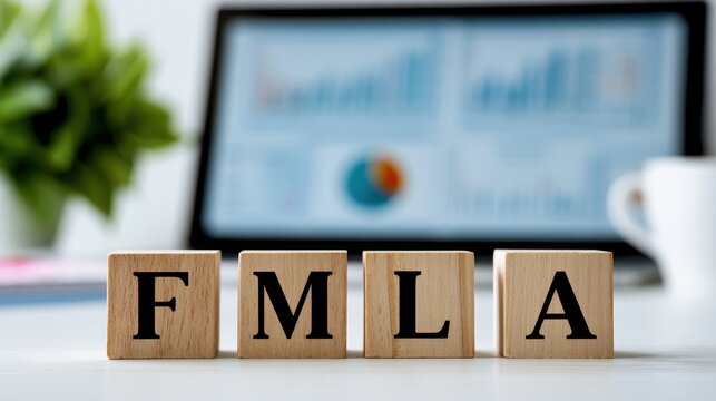 Wooden blocks spelling FMLA on an office desk with a blurred laptop and plant in the background