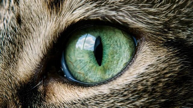 Close up macro of a cat eye with a vertical pupil. The iris shows intricate green texture and reflection from the sky. Feline face detail and animal focus view.