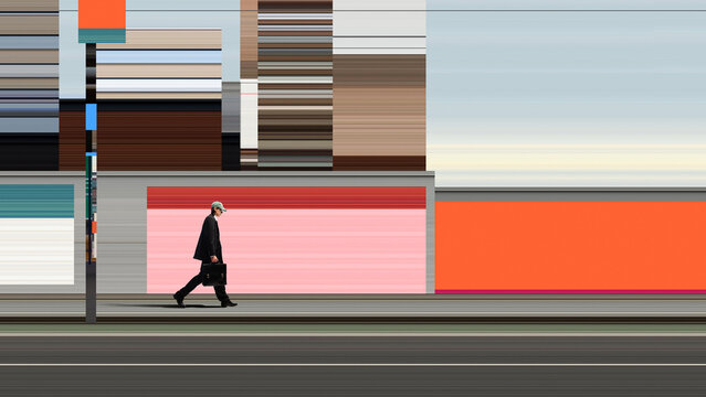 Businessman with briefcase walking through contemporary urban environment. Concept of executive lifestyle, productivity, financial success, work commute and professional ambition.