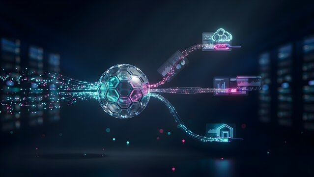 AI workflow engine analyzing data streams and automatically triggering business actions, commercial technology image