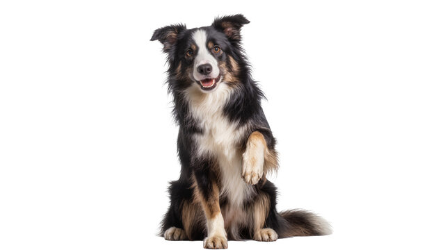 Isolated smiling Border Collie dog raising its front paw, looking friendly and attentive