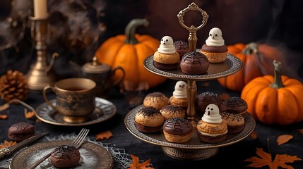 Naklejka premium Serving Elegant Autumn Afternoon Tea with Vintage Cake Stand and Pumpkins