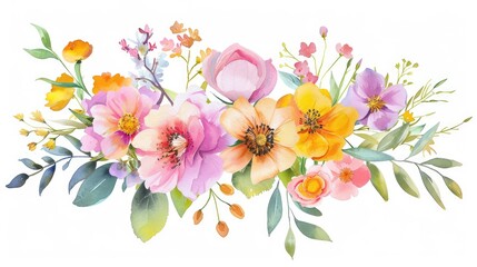 Fototapeta premium Beautiful watercolor floral arrangement with pink, yellow, and purple flowers designed for creative art and decoration projects