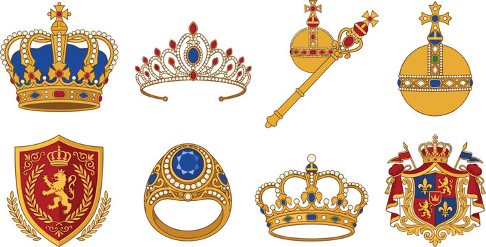 Royal Crown and Heraldic Regalia Collection with Tiara Scepter Orb and Emblem Icons