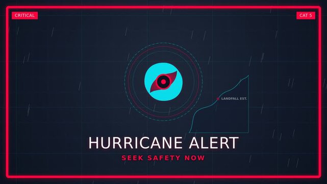 Hurricane alert animation with radar map and rotating storm spiral. Red alert frame locking coastal silhouette. Motion graphics for weather warning broadcast and social media