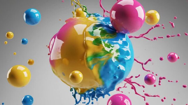 Glossy 3D render of yellow, blue, and pink liquid spheres floating on grey background. Includes high-speed splash of a pink orb with liquid droplets and studio lighting.