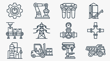 Minimalist Black and White Line Icons Set of Industrial Machinery Equipment and Tools for Manufacturing and Construction © Sami