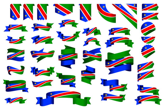 Namibia Flag Ribbon Collection Set &ndash; Wavy Ribbon, Badge, Frame and Decorative Design Elements Vector Illustration