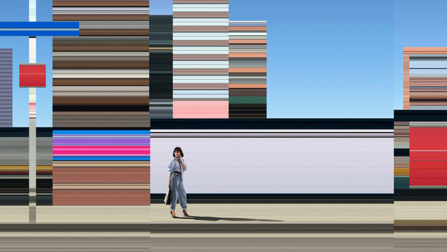 Stylish young woman in contemporary urban space with geometric backdrop. Concept of personal identity, creative lifestyle, self expression, confidence, fashion and urban culture.