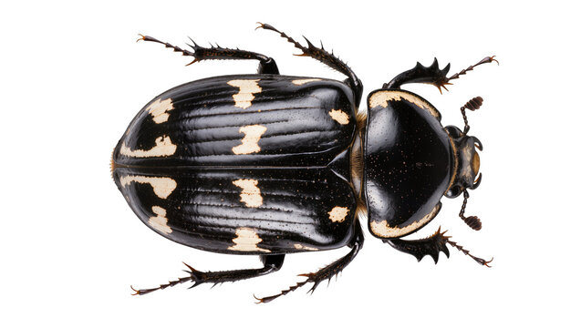 Isolated large black beetle with creamy white spots on its shell, detailed insect macro photography