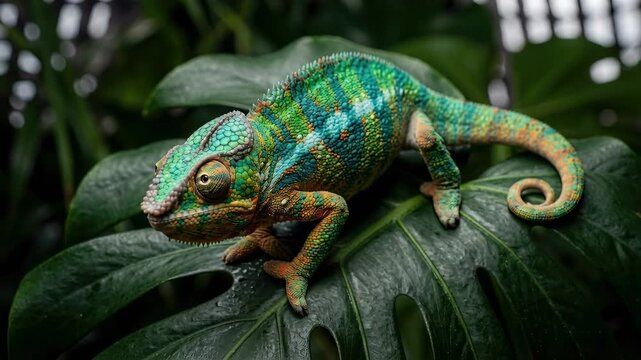 Colorful panther chameleon resting on a large green monstera leaf. Reptile moving slowly through tropical foliage. Wildlife observation in natural environment.