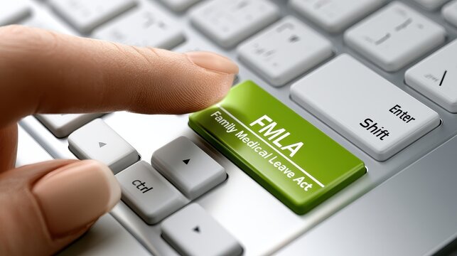 Hand pressing a green keyboard key labeled FMLA Family Medical Leave Act for employee rights and benefits