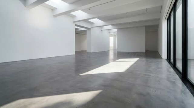 Man walks through a spacious minimalist art gallery with white walls. Modern exhibition hall interior with concrete floor and natural skylight illumination design.