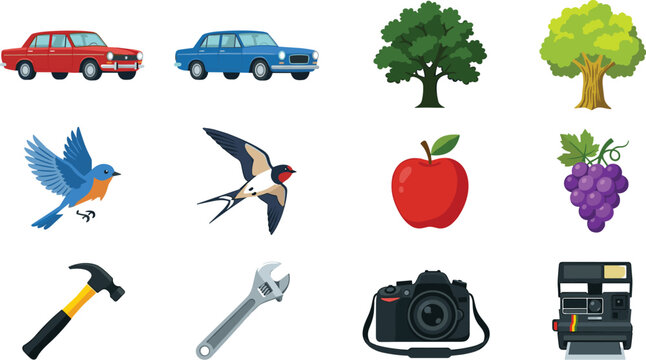 Vector flat cartoon style icon set showing diverse daily life elements including vintage cars, trees, flying birds, fresh fruits, manual tools, and photographic cameras.