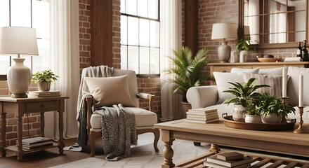 Fototapeta premium Cozy living room with plants sofa chair