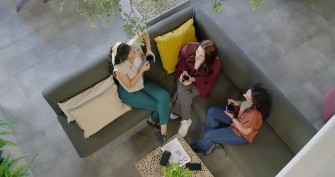 Female colleagues sipping mugs, discussing chart after left woman touching foliage in office lounge