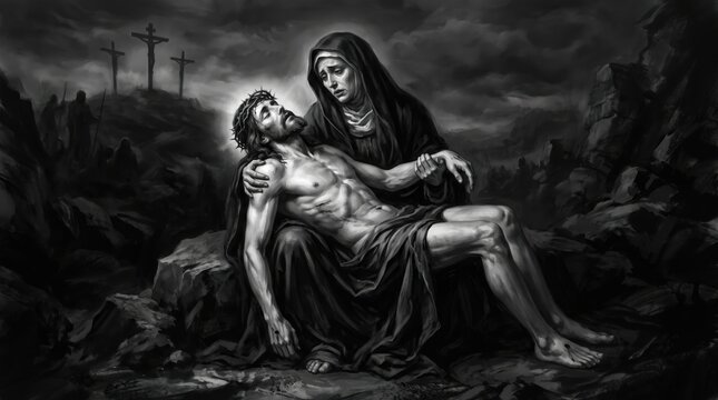 Woman Mourning Dead Man in Dark Landscape with Crosses