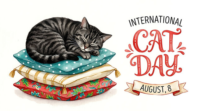 Cozy watercolor illustration of a tabby cat sleeping on a stack of pillows for International Cat Day.