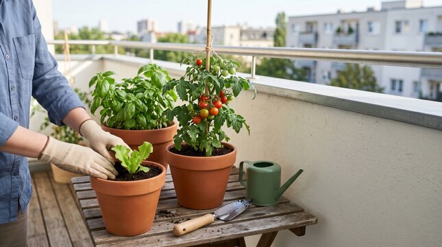 Urban balcony container garden with tomato basil and lettuce plants