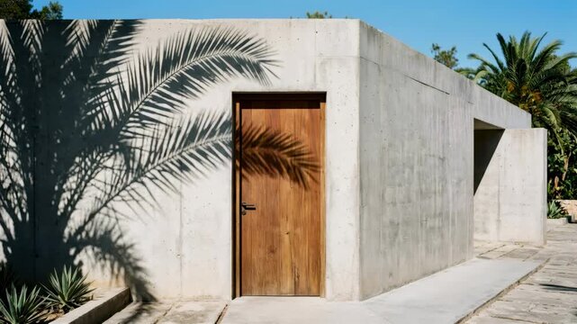 Wooden door in concrete modern building exterior. Architectural structure with palm leaf shadows under sunlight. Tropical residence design concept for housing study.