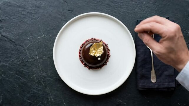 Confectioner decorating chocolate dome dessert with edible gold leaf on white plate. Professional chef finishing sweet dish. Culinary art and gourmet decoration.