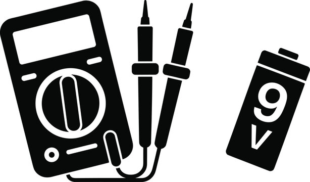 Digital Multimeter and 9V Battery Silhouette Illustration with Test Probes for Electrical Measurement and Circuit Testing