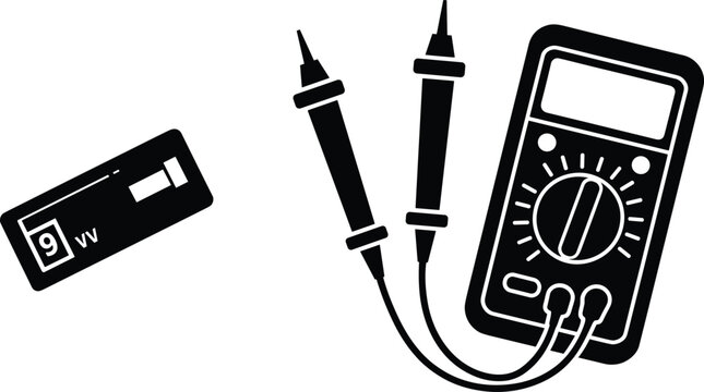Electrical Testing Equipment Silhouette Featuring 9V Battery and Digital Multimeter with Probes for Circuit Measurement